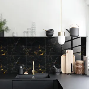Black and gold marble tile sticker waterproof peel and stick wallpaper for kitchen backsplash.