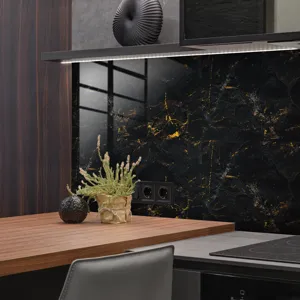 Black and gold marble pattern wall sticker kitchen backsplash detail view waterproof film