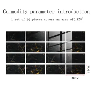 Black marble texture tile sticker detail showing 16 pcs set covering 0.72sqm with crystal film.