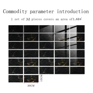 Black and gold marble pattern tile stickers, thickened crystal film wall stickers for home decor.
