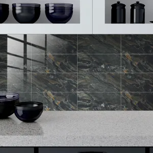 Dark marble pattern wall tile sticker with crystal film, waterproof renovation wallpaper detail.