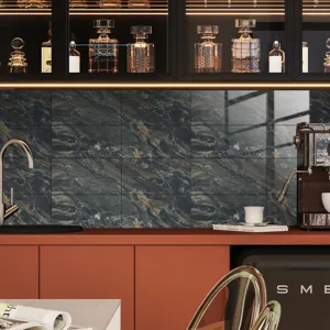 Detail shot of dark marble texture tile sticker with crystal film, kitchen wall decor.