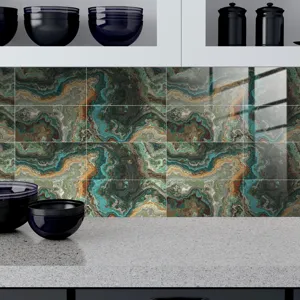 Decorative marble pattern tile sticker, crystal film waterproof wallpaper for kitchen wall decor.