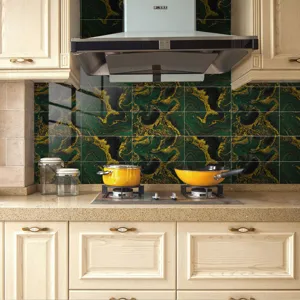 Green gold marble tile sticker waterproof peel and stick wallpaper for kitchen backsplash decor
