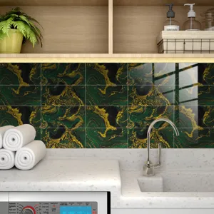 Green and gold marble tile sticker detail, waterproof crystal film wall paper home decor.