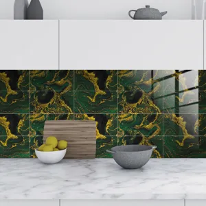 Green gold marble tile sticker detail showing luxury waterproof crystal film wall decor.