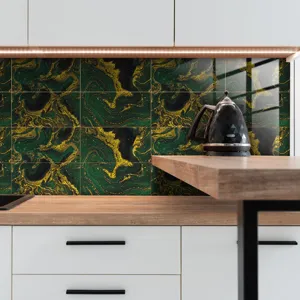 Green gold marble pattern tile sticker for modern kitchen wall decor detail view surface.