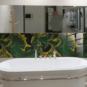 Green and gold marble texture tile sticker waterproof self-adhesive wall paper for home decor.