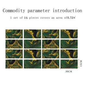 Green gold marble tile sticker detail, 16 pieces set covering 0.72 square meters for decor.