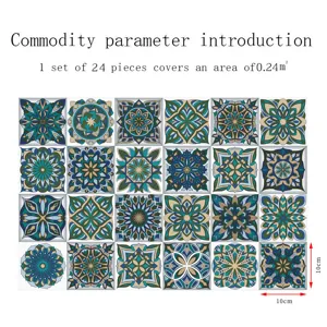 Vista dettagliata di adesivi per piastrelle mandala, motivi geometrici e misura di 10cm.