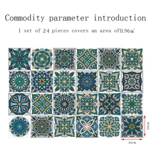 Vista dettagliata dell'adesivo per piastrelle mandala con motivi geometrici blu e verdi.