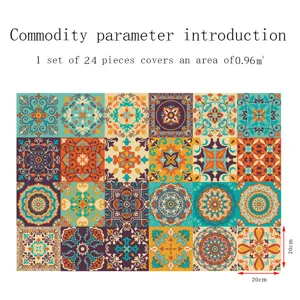 Vista dettagliata di 24 adesivi per piastrelle mandala, 20x20cm, decorazione murale retrò.