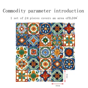Colorful retro mosaic tile stickers, 24 pcs set covers 0.24sqm, self-adhesive wall decor.