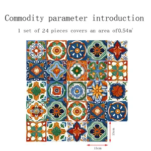 Retro mosaic tile stickers detail showing 24 pieces set with vintage patterns 15x15cm.