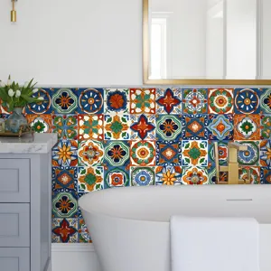 Detailed view of colorful retro mosaic tile stickers, self-adhesive wall decor for kitchen and bathroom.