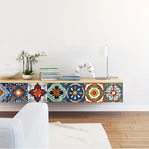 Colorful retro mosaic tile stickers for kitchen and living room self-adhesive decor.