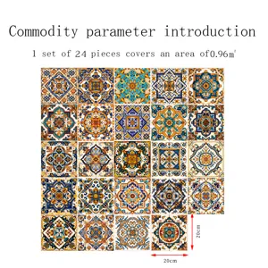 Moroccan style tile stickers 24pcs 20x20cm waterproof self-adhesive wall decor for home