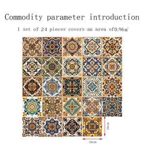 Moroccan style self-adhesive tile stickers, 24 pieces set covering 0.96 square meters.