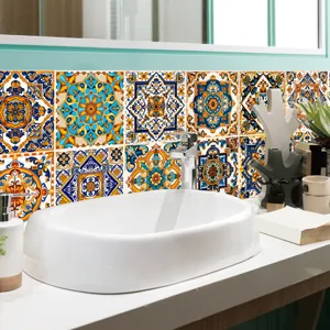 Close-up of Moroccan tile stickers applied in a modern bathroom sink scene, wall decor.