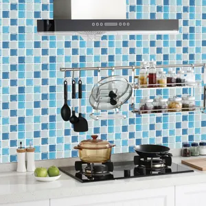 Adhesif carrelage mosaique 3D bleu blanc autocollant mural cuisine decoration etanche