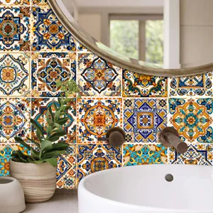 Moroccan style self-adhesive tile stickers for wall decor, waterproof home decoration.