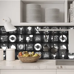 Chalkboard style kitchen tile sticker detail, vintage black and white self-adhesive wall decor.