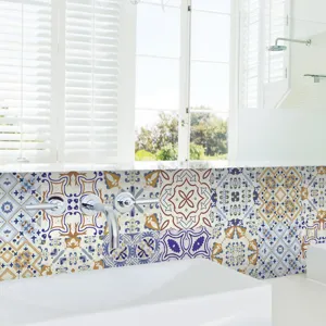 Moroccan retro tile stickers detail view, showing self-adhesive wall wallpaper applied nicely.