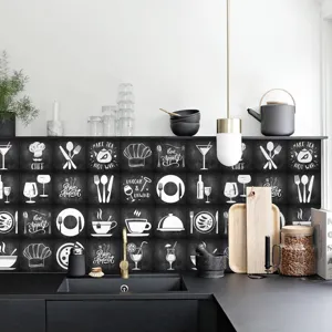 Retro chalkboard kitchen tile stickers, self-adhesive waterproof wall decals for home decor.