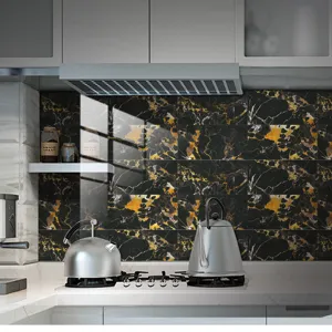 Black and gold marble tile sticker detail view, showcasing high gloss crystal texture backsplash.