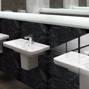 Vue de détail de l'autocollant de carrelage effet marbre et ardoise noire pour salle de bain.