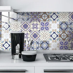 Detailed view of Moroccan style tile sticker for kitchen wall decor, self-adhesive design.