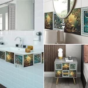 Vista detallada de pegatinas de azulejos vintage adhesivas aplicadas en muebles y paredes de baño.