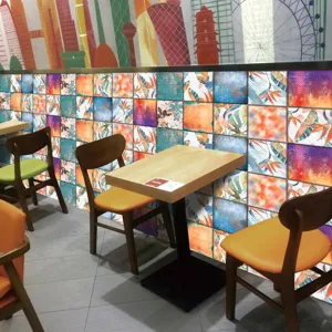 Vista en detalle de pegatinas de azulejos retro, decoración de pared patchwork cuadrada.