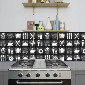 Kitchen chalk tile sticker detail, retro black grey self-adhesive wall decor decal.