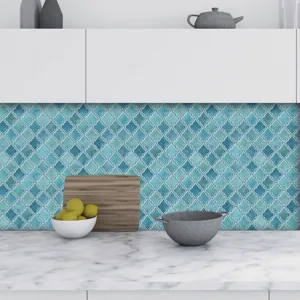 Closeup detail view of blue moroccan tile wall sticker in modern kitchen background setup.