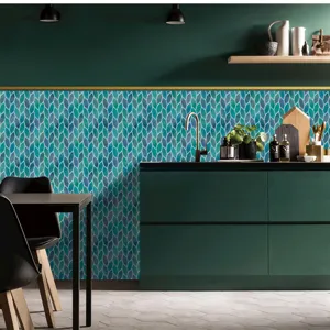 Detailed shot of self-adhesive green mosaic tile wall sticker, waterproof PVC home decor.