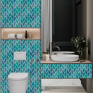 Self-adhesive mosaic tile stickers for bathroom wall decor, waterproof PVC DIY wallpaper peel and stick.