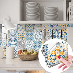 Moroccan tile sticker close-up showing self-adhesive backing for kitchen wall decor update.
