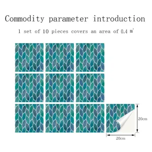 Blue-green mosaic tile stickers, 10 pcs 20x20cm self-adhesive PVC waterproof wall decor.