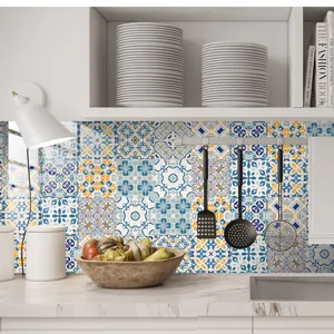 Moroccan vintage tile sticker detail, self-adhesive kitchen wall wallpaper, blue yellow geometric