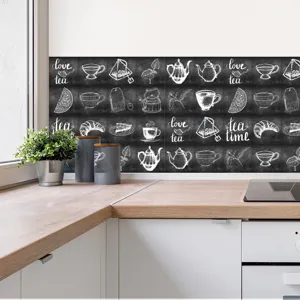 Kitchen waterproof tile stickers chalkboard tea pattern self adhesive wall decor for home