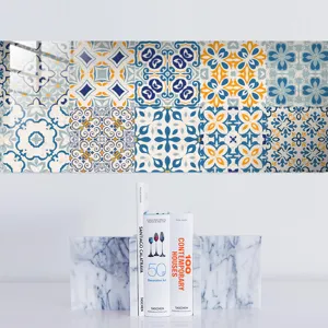 Moroccan style tile sticker vintage blue yellow wall paper decorative splashback home decor
