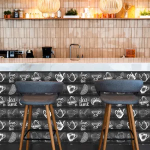 Retro grey chalkboard tile stickers kitchen wall decor with tea cups and text patterns.