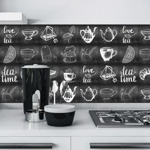 Detail view of chalkboard style kitchen tile stickers, retro tea and coffee pattern decal.