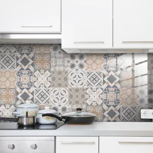 Detailed view of Moroccan tile sticker with vintage geometric pattern on kitchen wall.