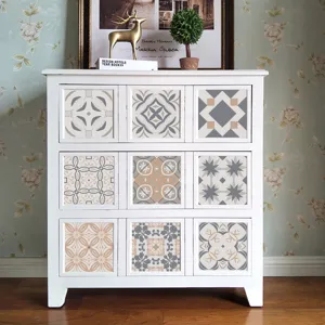 Detailed view of Moroccan vintage tile stickers applied on a white cabinet, home decor scene.