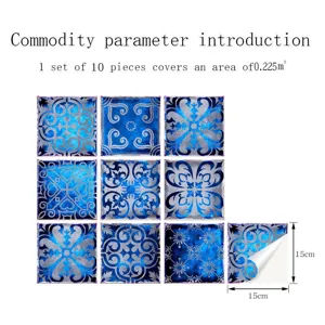 Vista detallada de adhesivos de azulejos retro azules con dimensiones de 15x15cm y adhesivo.
