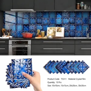 Vista detallada de pegatinas de azulejos azules retro, material de película, cocina.