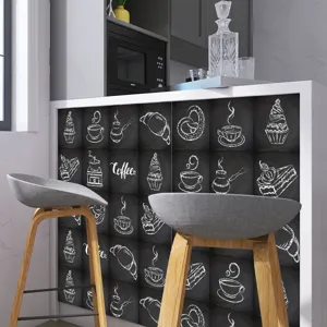 Chalkboard style tile stickers featuring coffee and dessert patterns, perfect for kitchen and dining room decor.