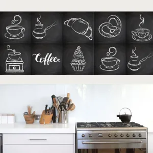 Chalkboard style coffee kitchen tile stickers, self-adhesive wall decals for home decor